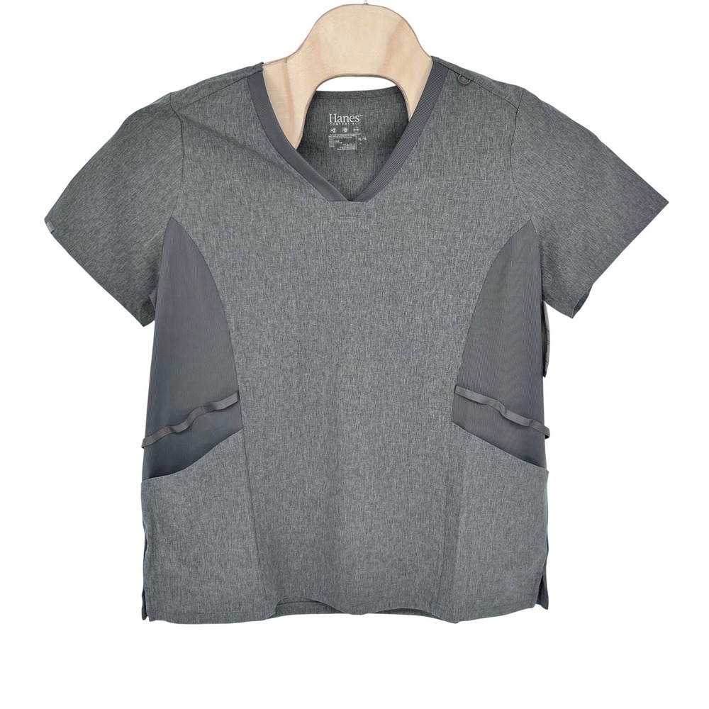 Hanes Comfort Fit Scrub Top Unisex XL Gray V-Neck Stretch Side Panels Healthcare